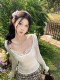 Pure-Style Sexy Hot Girl Square Collar Hollow Knitted Jersey Design Folded Lace Slings Inside The Top