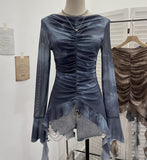 Real Shooting Hot Girl Horn Sleeve Net Yarn Bottom Shirt Girl Body Waste Wind Irregular Ribbon Long-Sleeved Top 2708