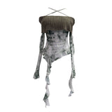 Real Shot Shoulder Cross Hanging Neck Knitting Mesh Yarn Coat Irregular Ribbon Horn Long-Sleeved T-Shirt 1101
