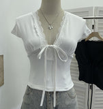 Pure-Wanted Lace Side Lace With Bow V-Neck Short-Sleeved T-Shirt T-Shirt T-Shirt Short-Sleeved Body Dress 6006