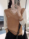 Vintage Mahjong Flower Short V-Neck Knitted Sweater Vest Vest Women Spring And Autumn Folding Over The Outside Of The College Style Top