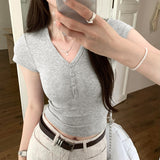 2026 Early Spring Hottie Small Man Repair Short V Collar Half-Buckle Short-Sleeved T-Shirt New Body Straight Shoulder