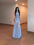 Blue Net Yarn A Word Shoulder Dress Women's Summer Seaside Holiday Pure Temperament To Dress Up With A Long Ass Fishtail