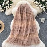 Fairy Heavy Industry Embroidery Mesh Dress 2025 Autumn French High-Waist Thin Ponum Cake Mid-Skirt