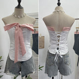 Real Shoot Vietnamese Hottie Bow Tie Bumped Girded Waist Brae Waist Bare Back Tie With Chest Cushion Top 2808