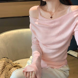 Pink Hanging Neck Sling Fake Two Ragged Long-Sleeved Knitted Shirt Women Early Autumn 2025 New Word Shoulder-Lved Shoulder Coat