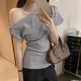 Spice Girls Design Pure Style Waffling Tinger Slanted Shoulder Short-Sleeved T-Shirt Women 2025 Summer New Dew Shoulder