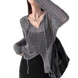Loose Hollow Knitted Shirt Design Long-Sleeved Top Women Spring Summer New Open Fork Hooded Shirt Niche Blouse Tide