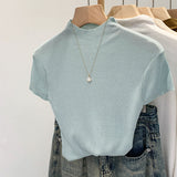 Direct Sale Lyselle Tiansi French Half-High Collar Shoulder Short-Sleeved Knitted Shirt Women 2026 Summer New Single Wear