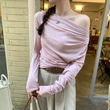 2026 Early Spring Slanted Shoulder Hottie With Long Sleeves And Bottom Shirts In Autumn And Winter Shoulder High-Level Temperament T-Shirt
