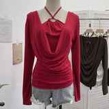 Real Shooting Explosion Hanging Neck Hollow Two Collar Long-Sleeved T-Shirt Folded Bottom Shirt 2769
