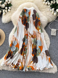 Vintage Print 100 Folds Loose Waist Fashion Half-Dress Women High-Waist A Skirt Commuting Big Hanging Long Skirt Summer