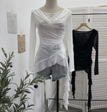 Real Shooting Swing ë·ë· ɴ Mesh Stitching Lace Long Sleeve Bottom Top Irregular Ribbon Design T-Shirt 1322