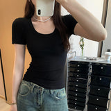 Korean Shoulder-To-Shoulder U-Necked With A Bottom Shirt Short-Sleeved T-Shirt For Women's Summer 2025 European Explosive Design Top