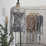 Double-Layer Mesh Lattice Waist Fold Irregular Hem With Long-Sleeved Top Repair T-Shirt 15671
