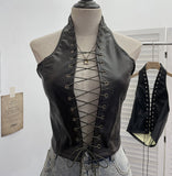 Real Shoot Babes Sexy Hollow Strap Hanging Neck Pu Sling Sling Vest Short-Carded Back Dress Woman 8120