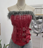 Real Shooting Retro Pu Skin Spliced Hair Bra Bra Strap Chest Punk Hottie Skin Buckle Waist Short Top 2781