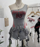 Real Shooting Retro Jersey Vest Letter Print Oblique Shoulder Hottie Wearing Lotus Edge Ribbon Ribbon Short Top 1279