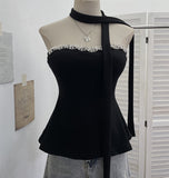 Real Shoot Drilling Hanging Neck Ribbon Slings Slings With Bra Cushions In The Shoulder Sleeveless Top 9291