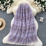 Fairy Heavy Industry Embroidery Mesh Dress 2025 Autumn French High-Waist Thin Ponum Cake Mid-Skirt
