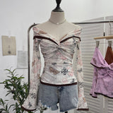 Vintage Oil Painting Print Collar A Word Twisted Folded Short-Sleeved Trumpet Blouse 9907
