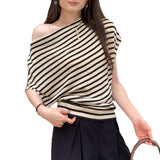 Beautiful And Beautiful Striped Slanted Shoulder Short-Sleeved T-Shirt Woman 2025 New Lazy High-End Feel On The Shoulder