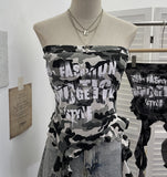 Real Shooting Hottie Camouflage Letter Print Chest Vest With Chest Pad Irregular Ribbon Short Top 8088