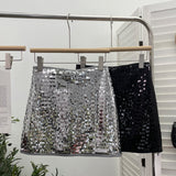 Real Shooting Heavy Industry Flash Shiny Piece High Waist Thin A Short Skirt Picts Anti-Walking Bag Hip Step Skirt 8108