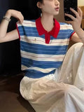 Collider Striped Polo Shirt Over Small Flying Sleeve Knitted T-Shirt Women's Summer Design Sense Age-Supling Embroidery Loose Top