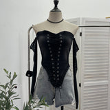 Hottie Sexy Tset Blouse Irregular Cowboy Splicing Mesh Yarn Tie With Short T-Shirt 6105