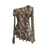 Slanted Shoulder Lotus Leaf Collar Long-Sleeved Mesh Printing Tops Irregular Hem Bottom T-Shirt 8061