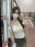 One-Word Shoulder Knitted T-Shirt Women's Short-Sleeved Summer French Bow Irregularly Repaired Waist Short-Scared Shawl