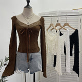 Real Shooting Merard Wind Strapted Bow Splicing Lace Pure Desire Blouse Folding Body Short Blouse 6015