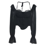 Spice Girls Shoulder-Mounted Neck With Long-Sleeved Chindal Wooden Ear-Deared Shirt Short With Chest Cushion Top 8873
