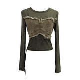 Vintage Spice Girls Stomee Net Yarn Sexy Perspective Drawstring Long-Sleeved T-Shirt Top 2630