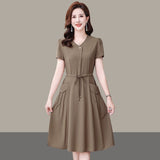 Middle-Middle-Age Women 2026 Summer New Gas Dress Short-Sleeved Temperament Pure Mother Dress Tie With Thin Waist