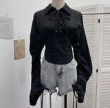 Dark Belted Long-Sleeved Shirt Women's Spring And Autumn Collar Rope Sleeves Contour Shaped Short Top 2775