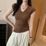 Uniquely Look Shoulderless Sleeveless Knitted Shirt Women's Summer 2025 New Design Sense Of Small Body Repair V Collar Top