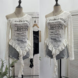 Spice Girl Letter Print Collar Long-Sleeved T-Shirt Girl Irregular Ribbon Ribbon On The Shoulder 2779
