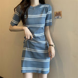 Striped Short-Sleeved Round-Neck Knitted Dress Women's Early Autumn New Slim Fresh Sweet Long Skirt