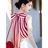 Korean Chic Red Striped Sleeveless Shirt Women's Summer Atmosphere High-End Chic Beautiful Bow Strapped Clothes