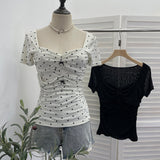 Solid Shot Bow Wave Point Elastic Summer New Short-Sleeved T-Shirt Pinch Folding Body Collar Mesh T-Shirt 28312