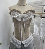 Real Shooting Retro Wave Point Splicing Lace Lace Bra Waist Sexy Short Sleeveless Hook Buckle Top 2825