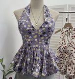 Real Shooting With Chest Pad Crumm Flower Hanging Neck Sling Vest Women's Summer Dress Sexy Deep V Skirt Swing Waist Sleeveless Top 9335