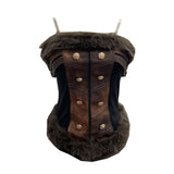 Real-Patted Leather Bra Waist Waist Coat Hair Spliced Pu Leather Slings To Collect Waist Thin Short Sleeveless Top 2996