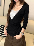 Vintage Black V-Necked Two Long-Sleeved T-Shirt Women In Early Autumn Slimming Inside The Bottom Of The Leisure Blouse Tide