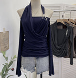 Real Shooting Hottie Shoulder Bead Hanging Neck Cross-Neck Wrinkles Two Long-Sleeved Tops To Repair T-Shirt 2861