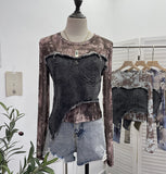 Solid Shooting Tie-Dye Print Spliced Denim T-Shirt Girl Autumn Design Sense Irregular Hair Side Short-Sleeved Top 2617