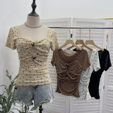 Solid Shot Bow Wave Point Elastic Summer New Short-Sleeved T-Shirt Pinch Folding Body Collar Mesh T-Shirt 28312