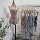 Real Shooting Round Neck Fluttering Dye Printing Irregular Lotus Leaf Side Mesh Slings Slings Sleeveless Top 1218